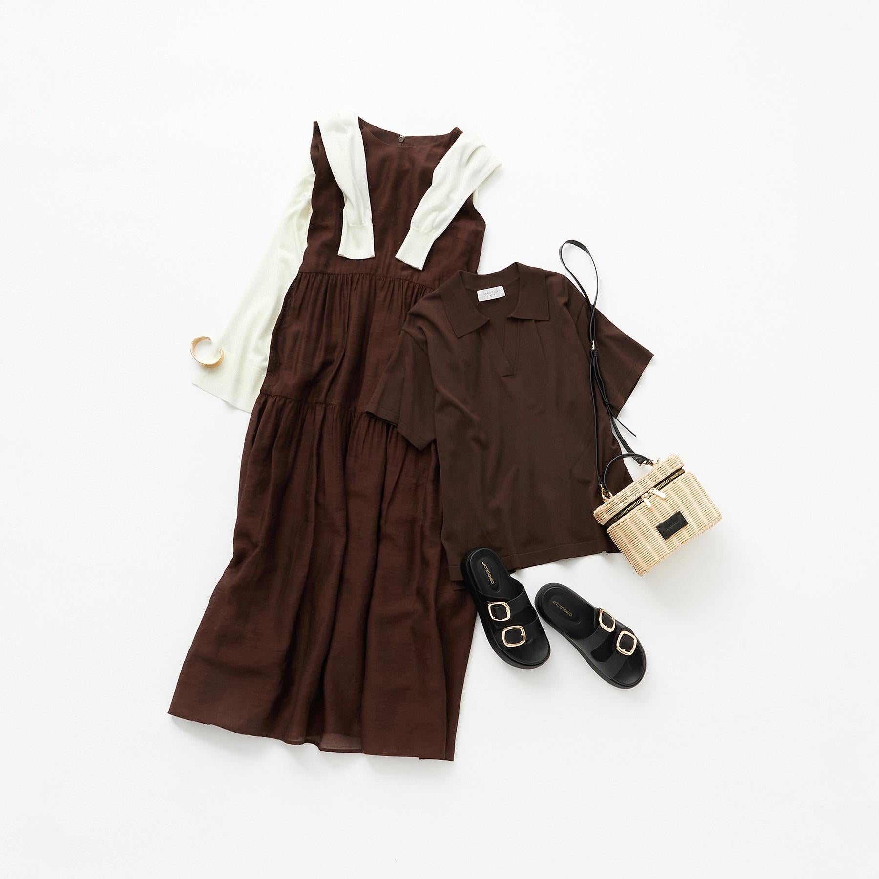 オペーク ドット クリップ OPAQUE.CLIP 麻混シアーギャザーティアードワンピース【洗濯機洗い可】 (ブラウン(044)) ブラウン(044)