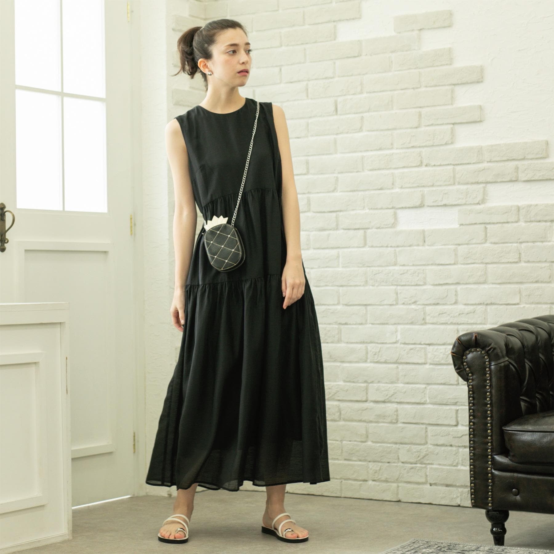 オペーク ドット クリップ OPAQUE.CLIP 麻混シアーギャザーティアードワンピース【洗濯機洗い可】 (ブラック(019)) ブラック(019)