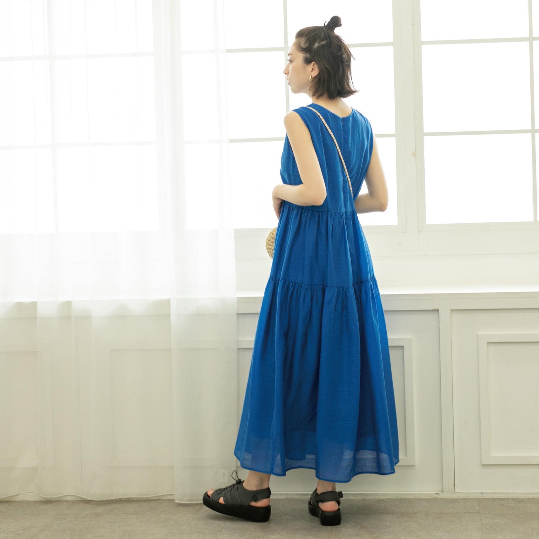 オペーク ドット クリップ OPAQUE.CLIP 麻混シアーギャザーティアードワンピース【洗濯機洗い可】 (ブルー(093)) ブルー(093)