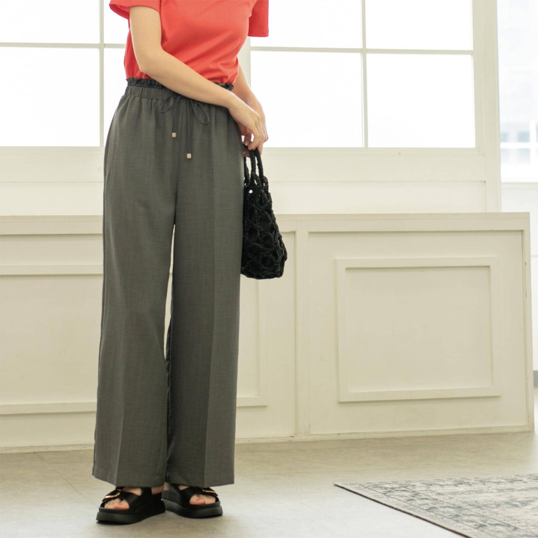 オペーク ドット クリップ OPAQUE.CLIP ウエストサテン使いイージーワイドパンツ【洗濯機洗い可】 (グレー(012)) グレー(012)