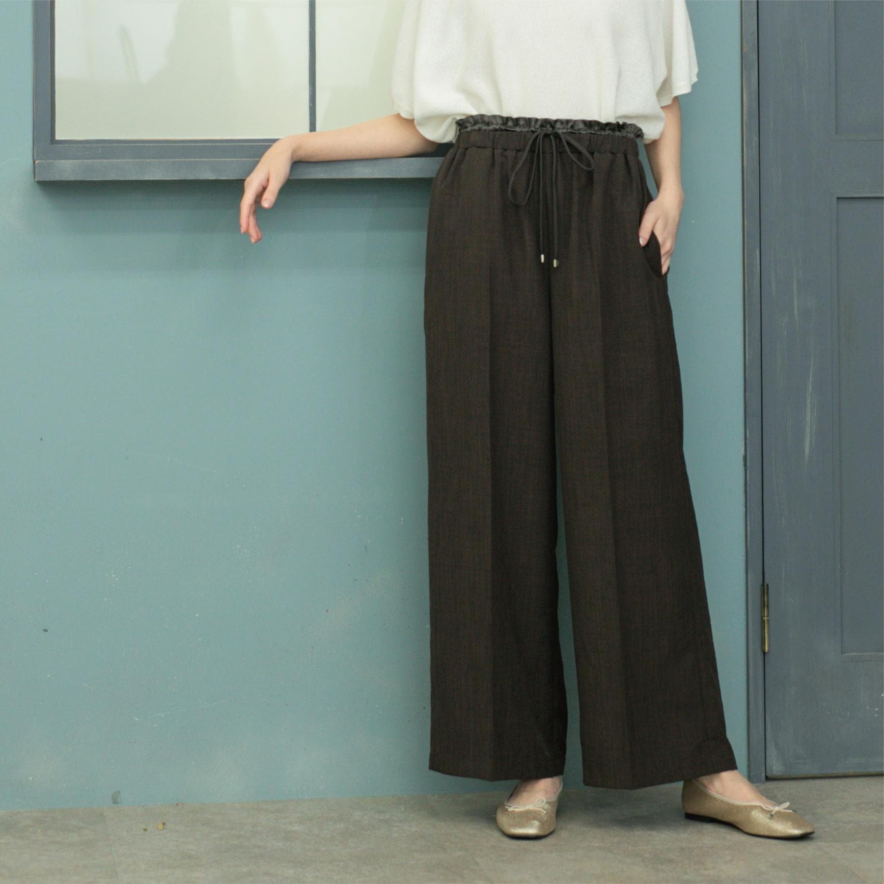 オペーク ドット クリップ OPAQUE.CLIP ウエストサテン使いイージーワイドパンツ【洗濯機洗い可】 (ブラウン(044)) ブラウン(044)