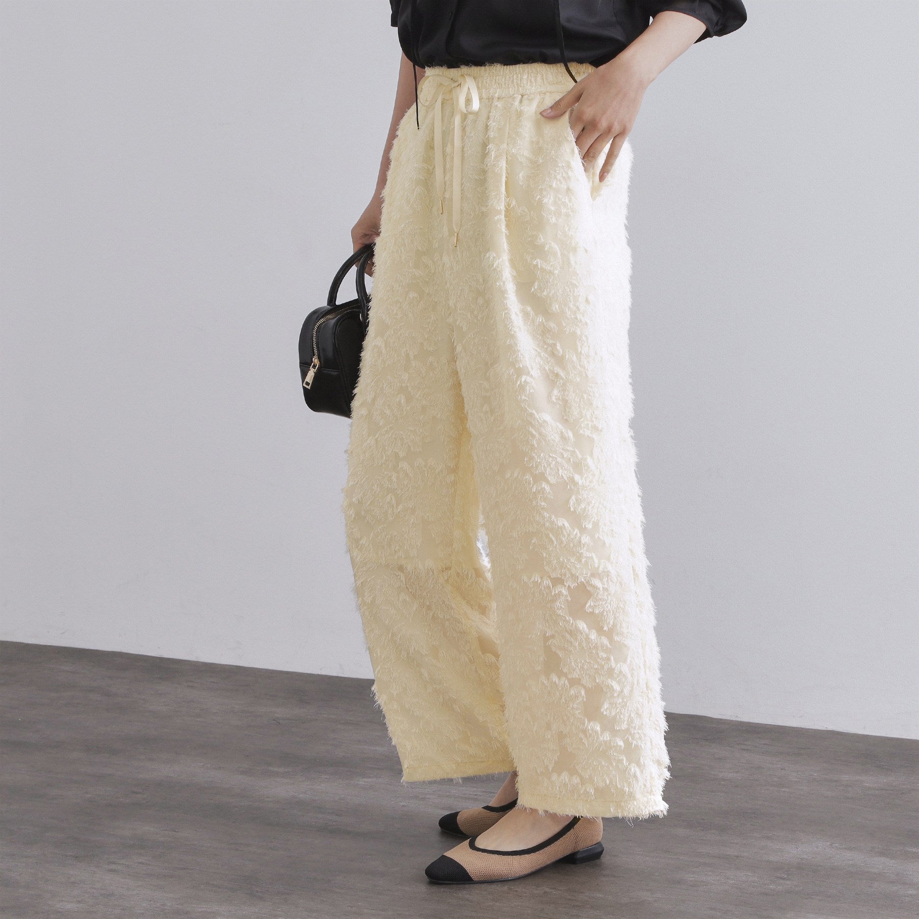 オペーク ドット クリップ OPAQUE.CLIP フリンジジャカードイージーパンツ【洗濯機洗い可】 (ブラック(019)) ブラック(019)