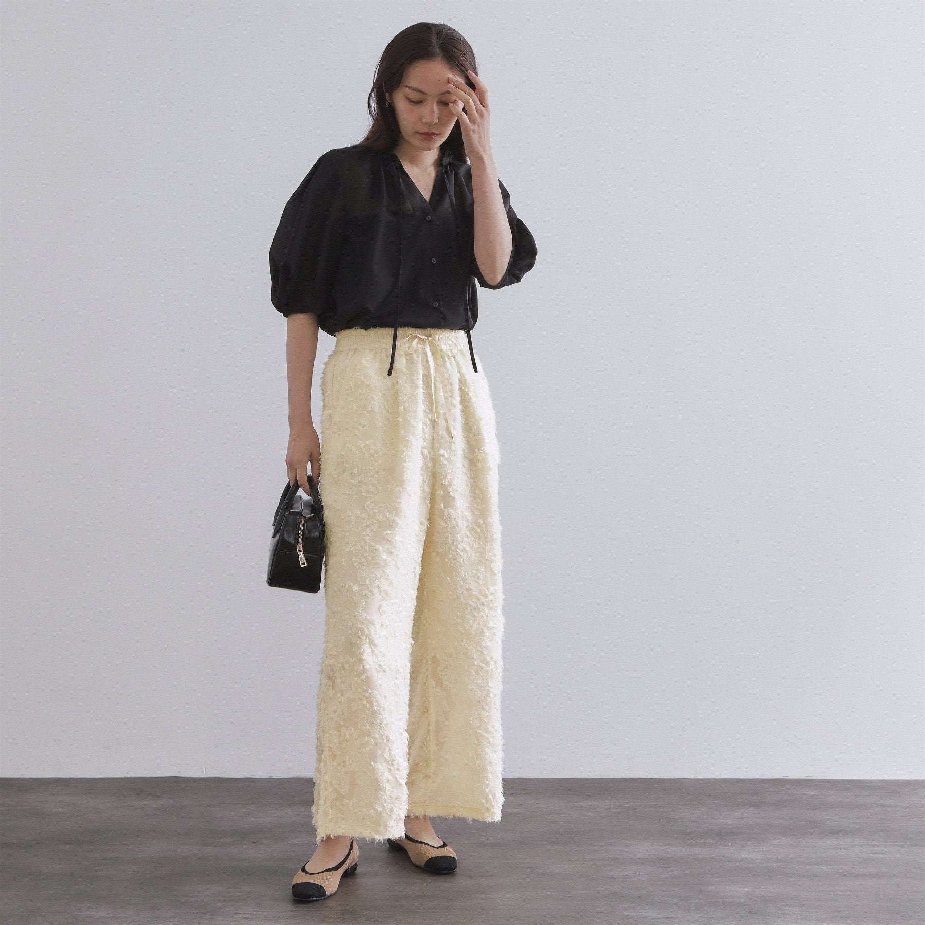 オペーク ドット クリップ OPAQUE.CLIP フリンジジャカードイージーパンツ【洗濯機洗い可】 (ブラック(019)) ブラック(019)