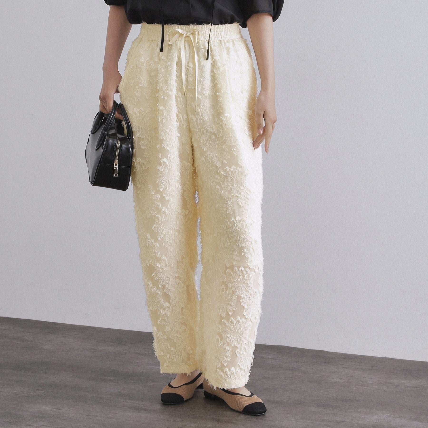 オペーク ドット クリップ OPAQUE.CLIP フリンジジャカードイージーパンツ【洗濯機洗い可】 (ブラック(019)) ブラック(019)