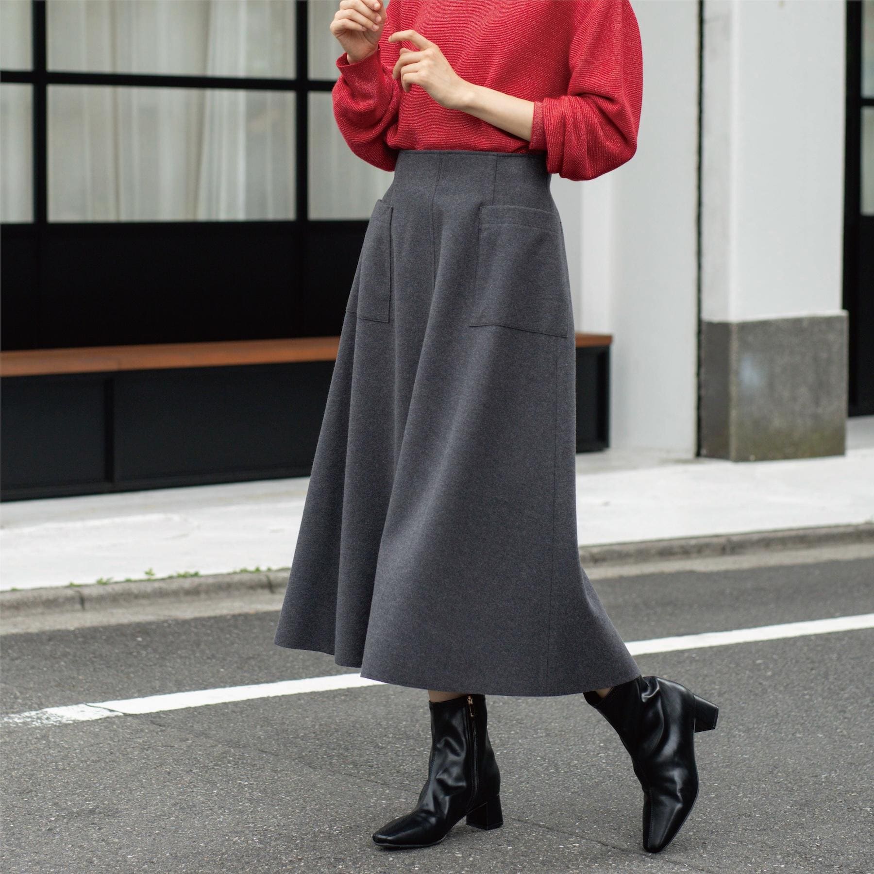 オペーク ドット クリップ OPAQUE.CLIP ウールライクフレアスカート【洗濯機洗い可】 (チャコールグレー(014)) チャコールグレー(014)