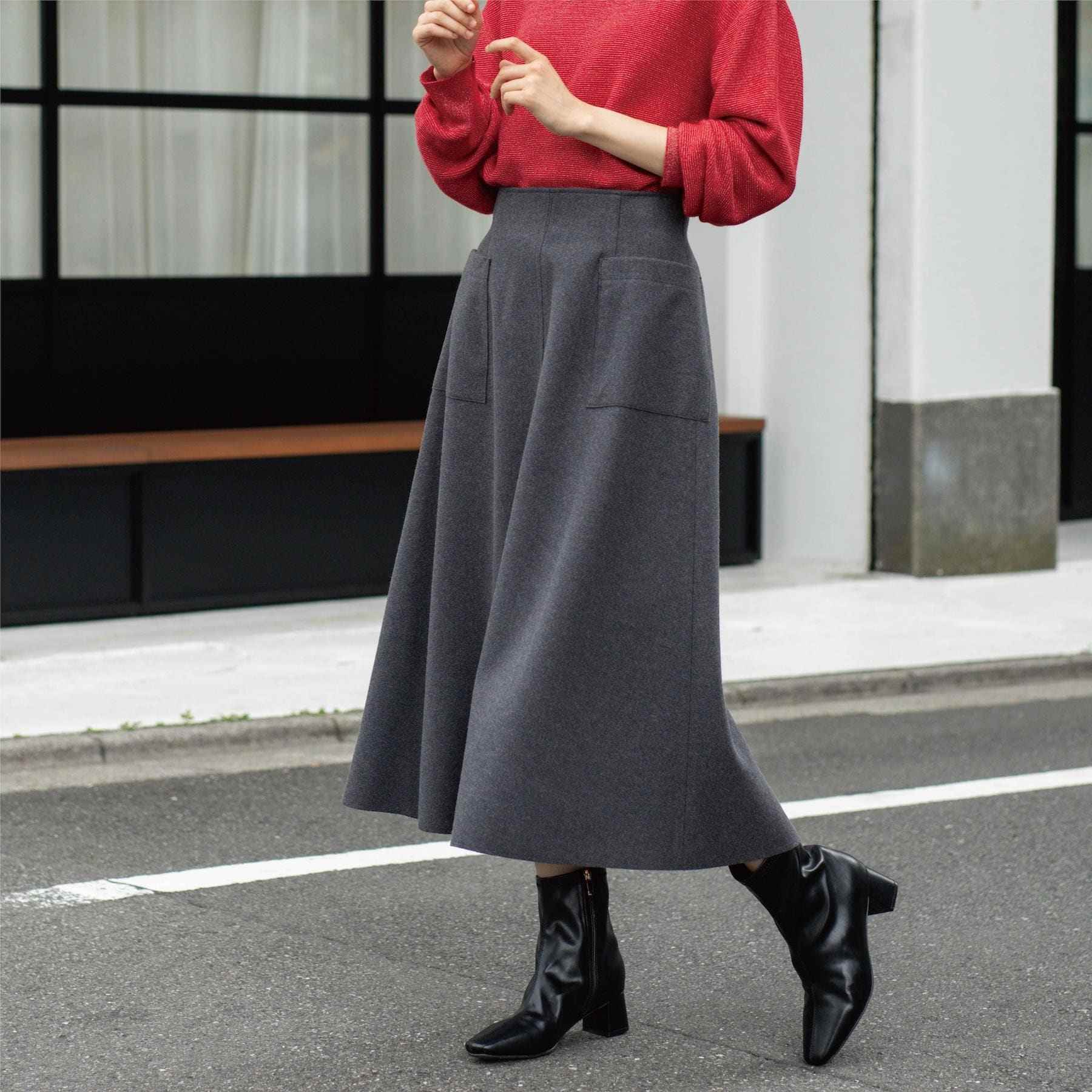 オペーク ドット クリップ OPAQUE.CLIP ウールライクフレアスカート【洗濯機洗い可】 (チャコールグレー(014)) チャコールグレー(014)