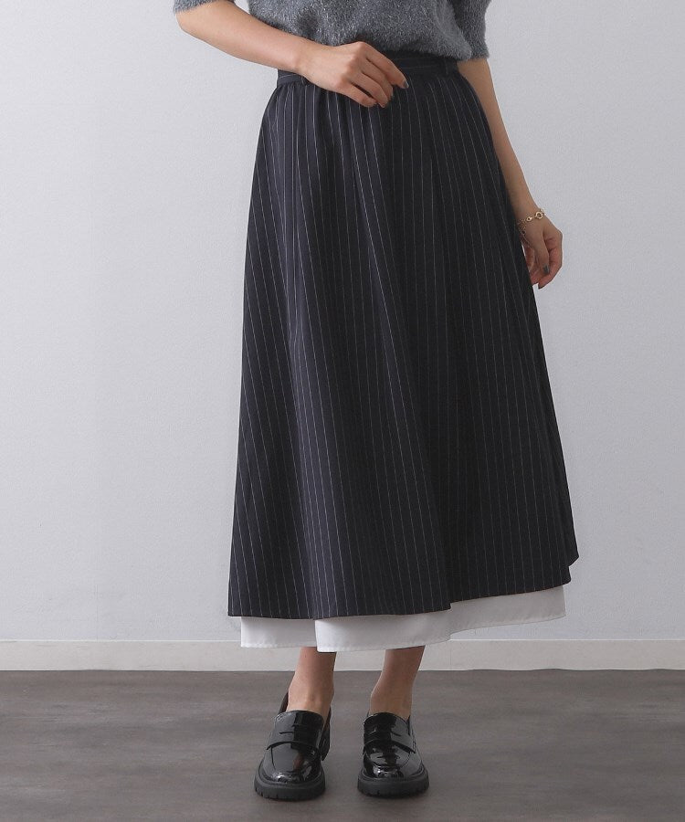 オペーク ドット クリップ OPAQUE.CLIP ピンストライプレイヤード風フレアスカート【洗濯機洗い可】 (ネイビー(394)) ネイビー(394)