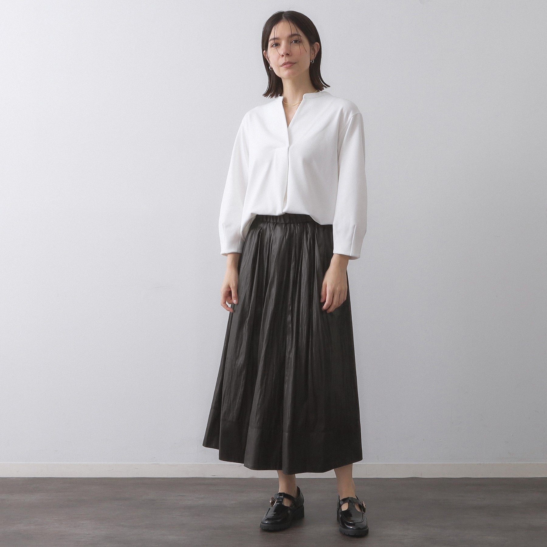 オペーク ドット クリップ OPAQUE.CLIP レザーライクタックフレアスカート【洗濯機洗い可】 (ボルドー(064)) ボルドー(064)