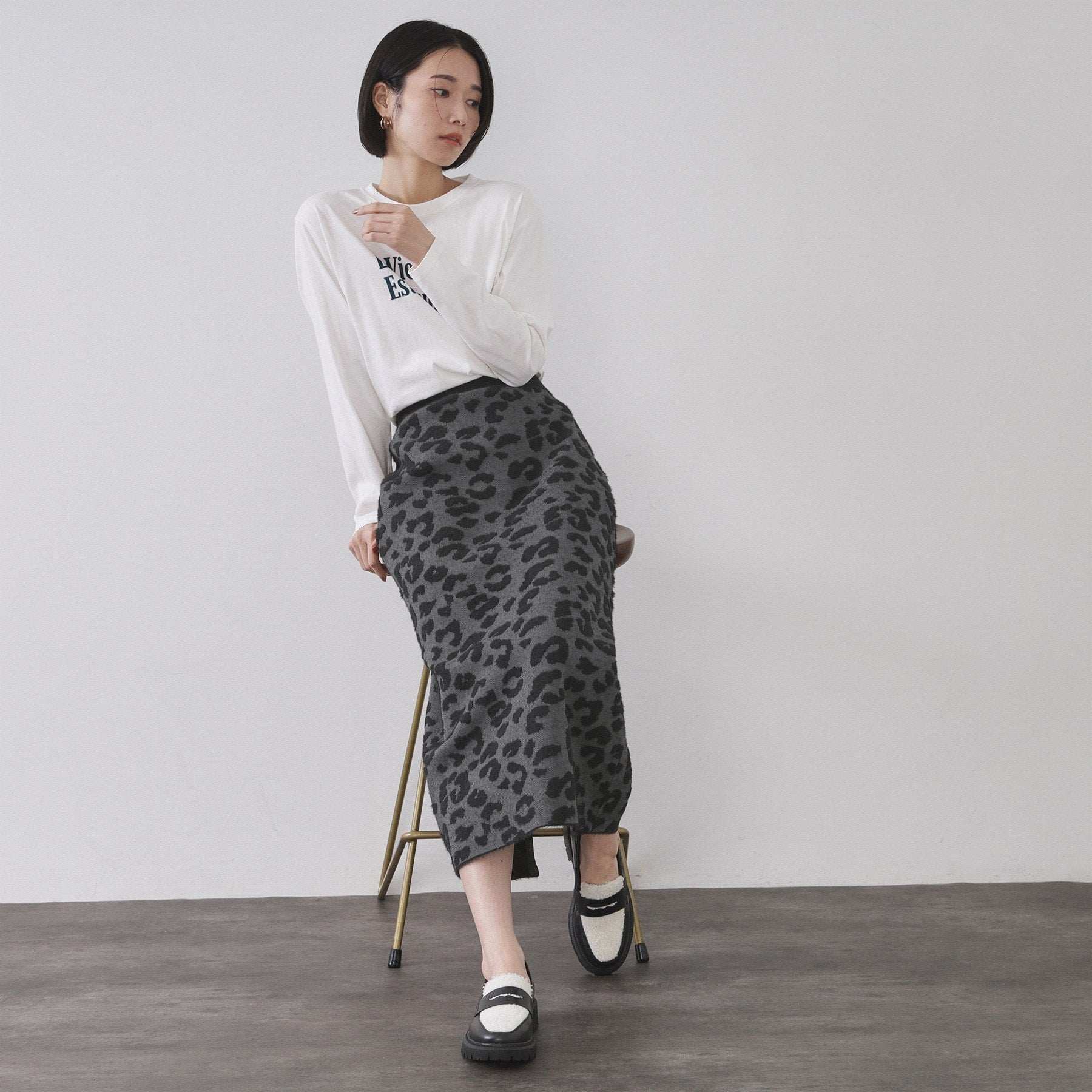 オペーク ドット クリップ OPAQUE.CLIP レオパードジャカードニットスカート【洗濯機洗い可】 (ブラウン(143)) ブラウン(143)