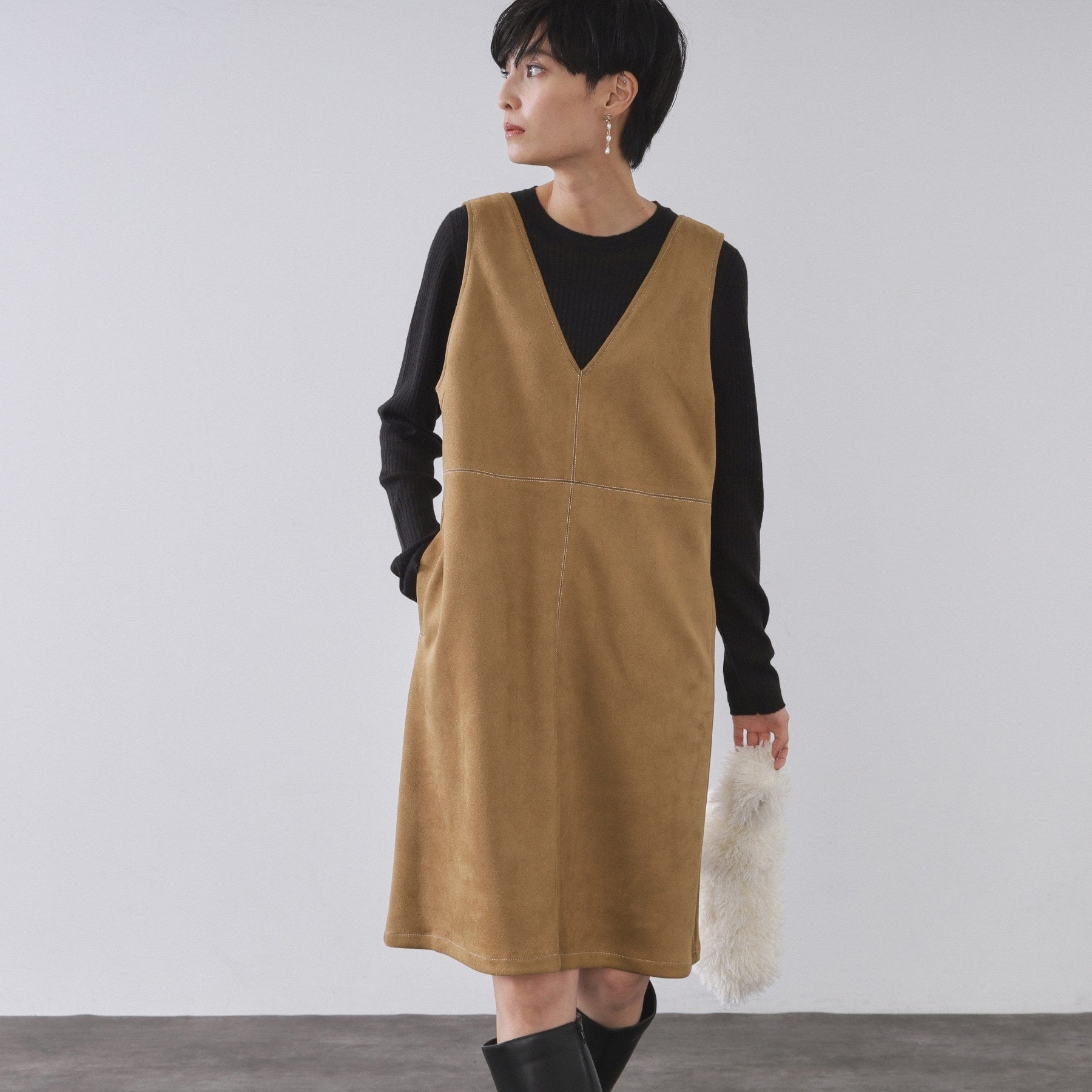 オペーク ドット クリップ OPAQUE.CLIP スエードライクVネックジャンドレ【洗濯機洗い可】 (キャメルブラウン(041)) キャメルブラウン(041)