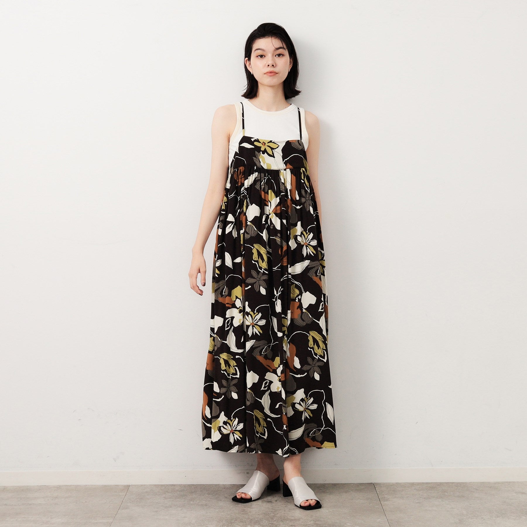 Opaque Dot Clip Big Flower Print Camisole Dress 【Washable】