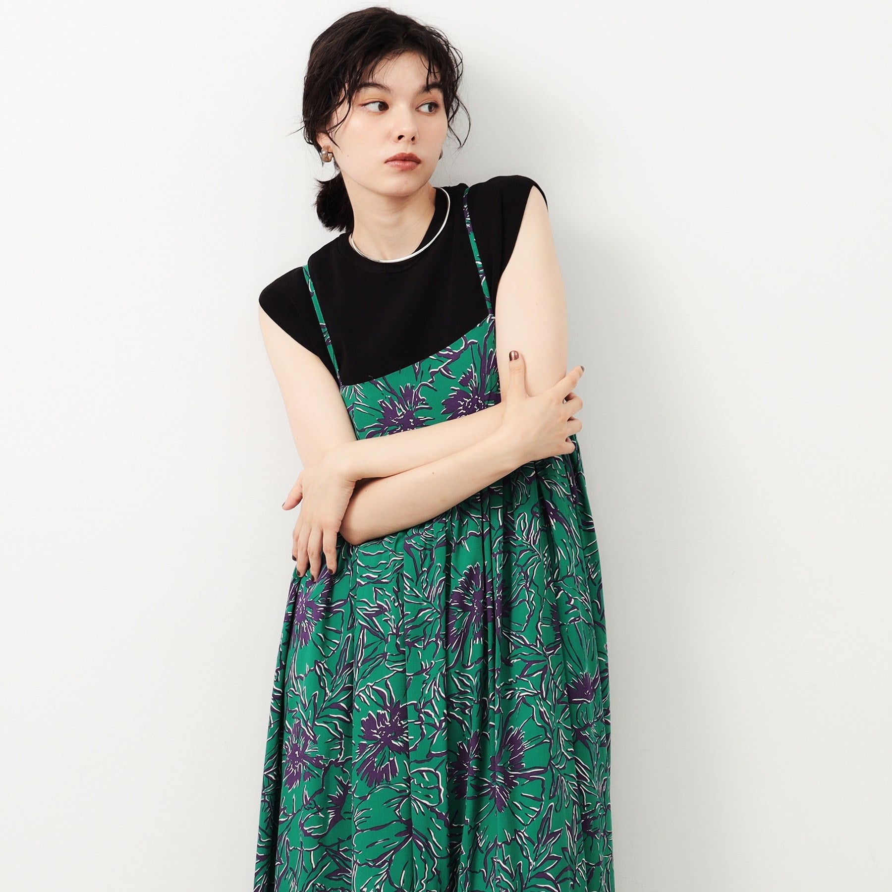 Opaque Dot Clip Big Flower Print Camisole Dress 【Washable】