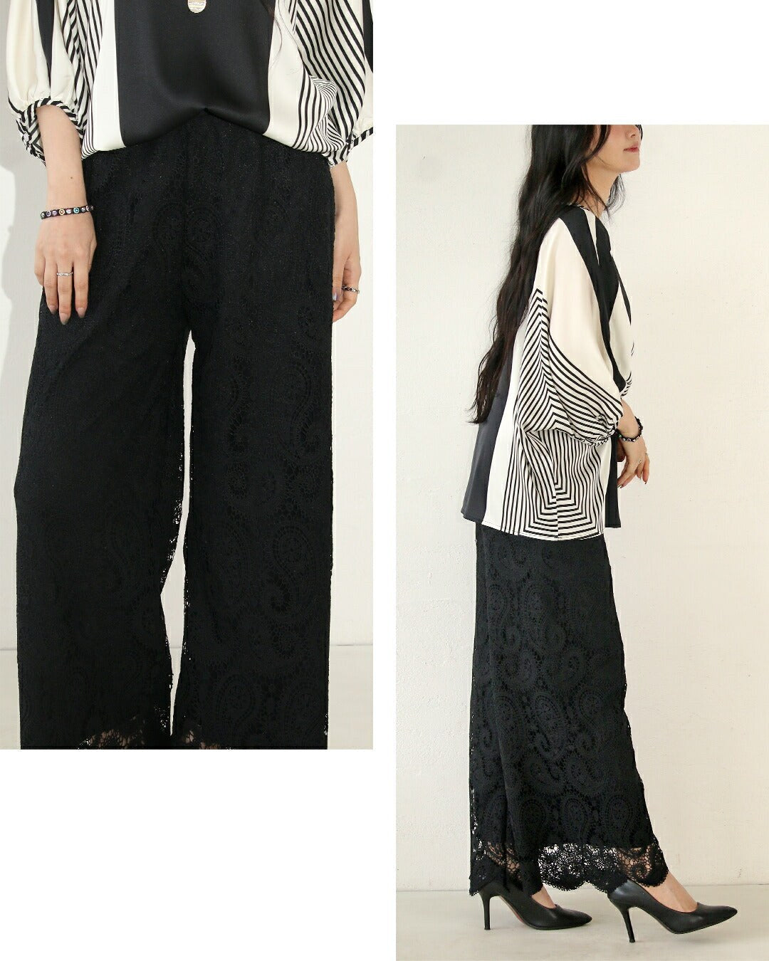 オトナ OTONA カッコ綺麗なブラックペイズリーレース×フレアパンツ (ブラック) ブラック