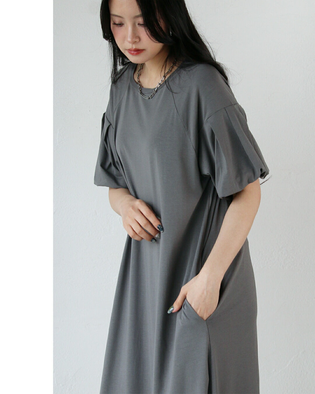 オトナ OTONA 接触冷感×UVカット機能付き リラックスバルーン袖ワンピース (グレー) グレー