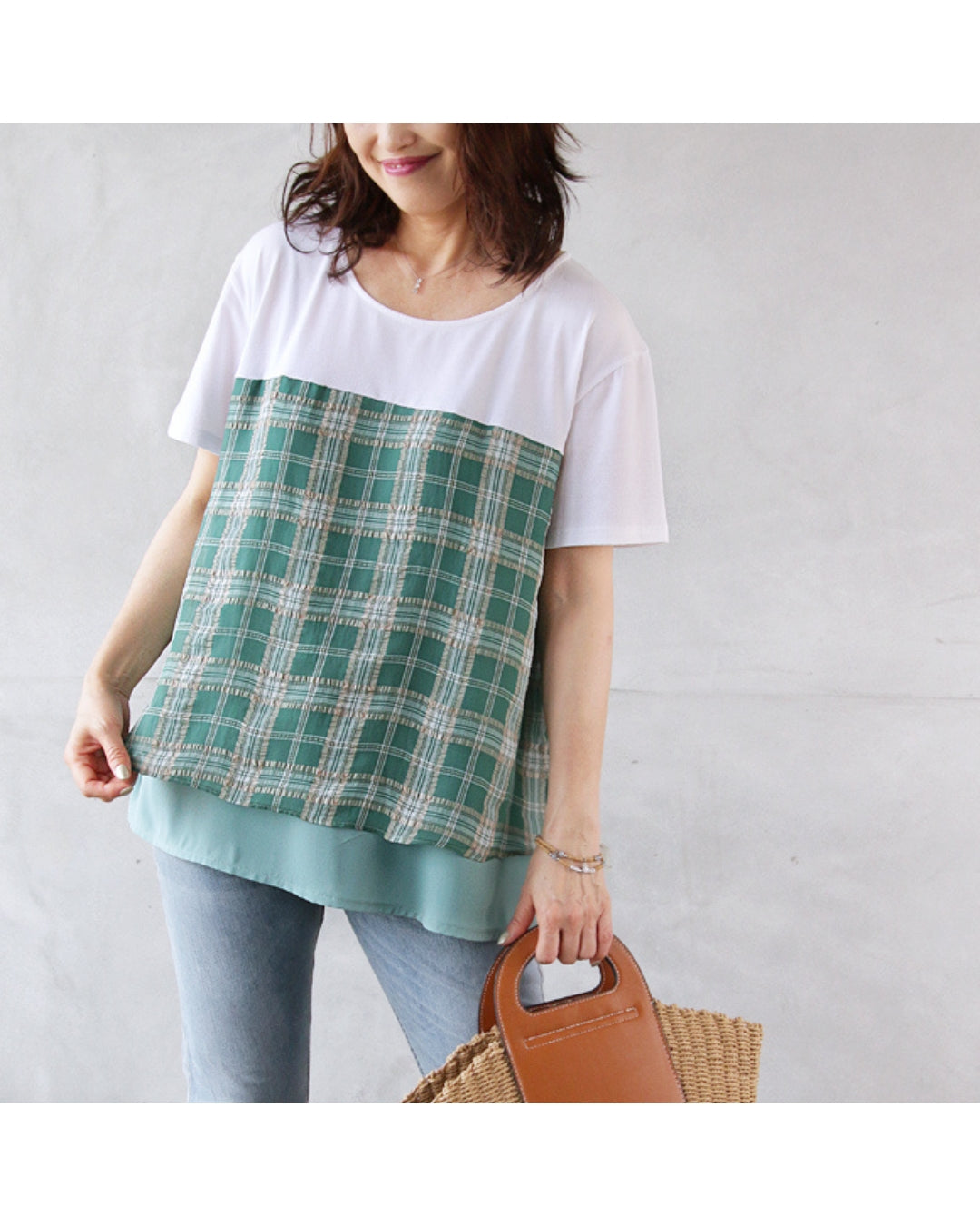 オトナ OTONA 大人チェックなお出掛けTシャツ (グリーン) グリーン