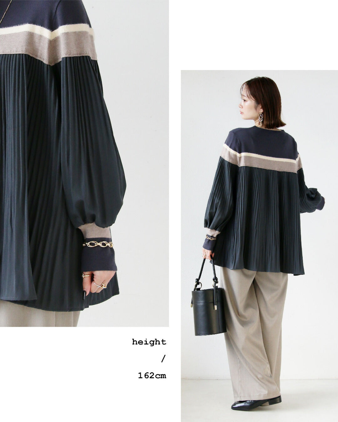 オトナ OTONA プリーツと配色ラインで魅せる大人可愛いゆったりトップス (グレー) グレー