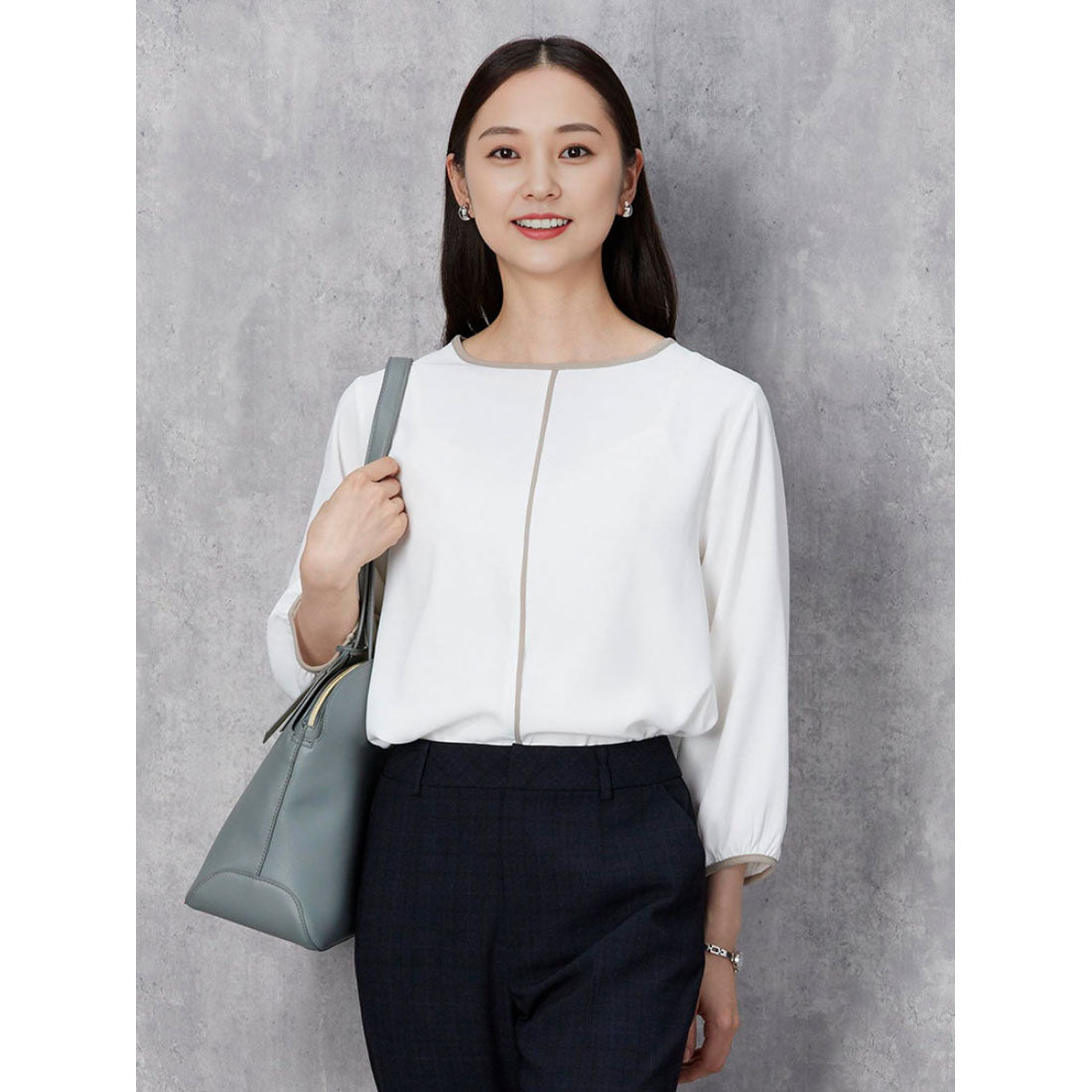 パーフェクトスーツファクトリー Perfect Suit FActory ジョーゼット 配色パイピングブラウス,オフホワイト