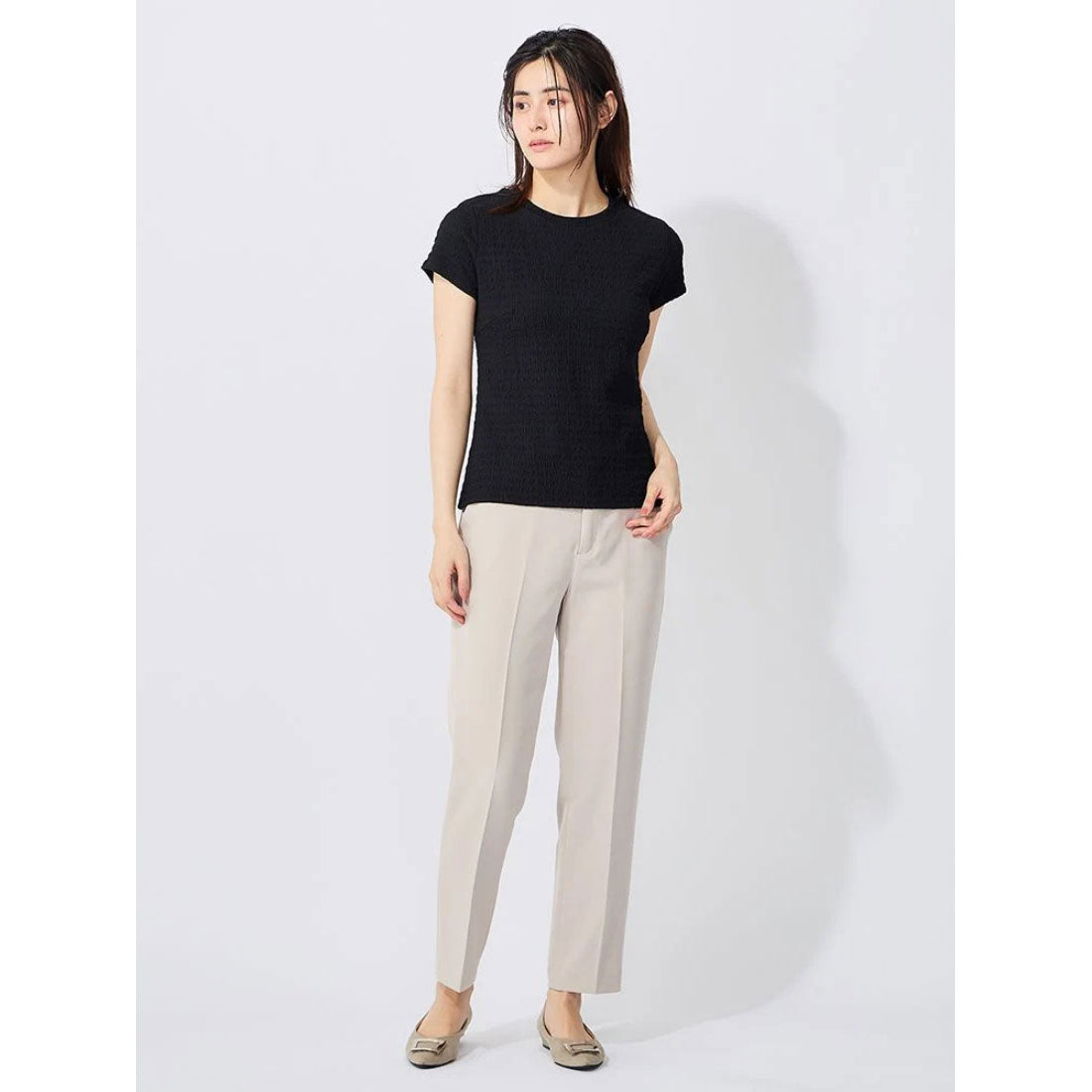 パーフェクトスーツファクトリー Perfect Suit FActory クラッシュジャガード キャップスリーブブラウス (ブラック) ブラック