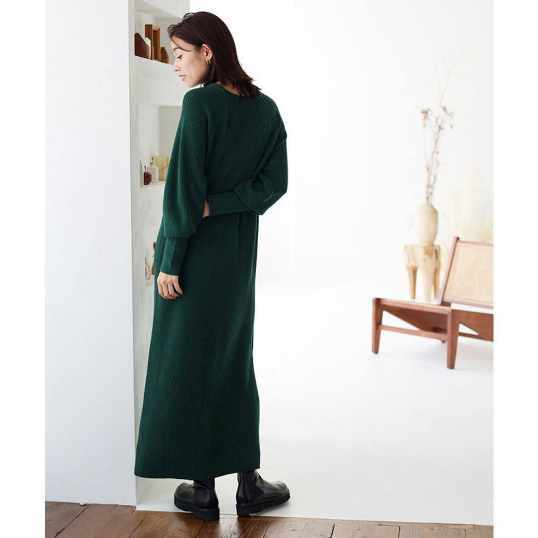 【低身長向け】パフスリーブロングニットワンピース