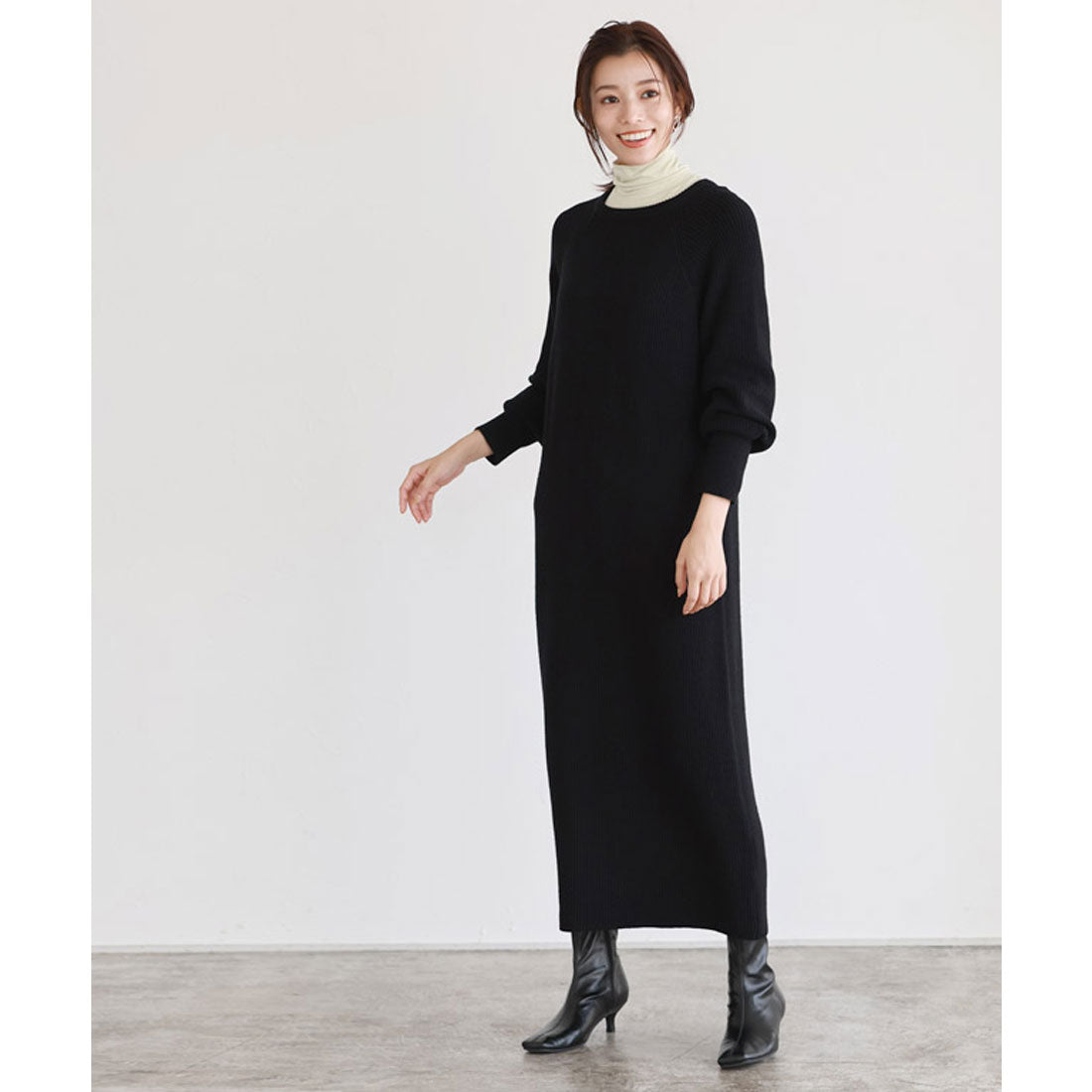 【低身長向け】パフスリーブロングニットワンピース