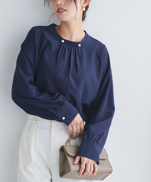 マーベラス バイ ピエロ marvelous by Pierrot パールボタンタックブラウス,ネイビー