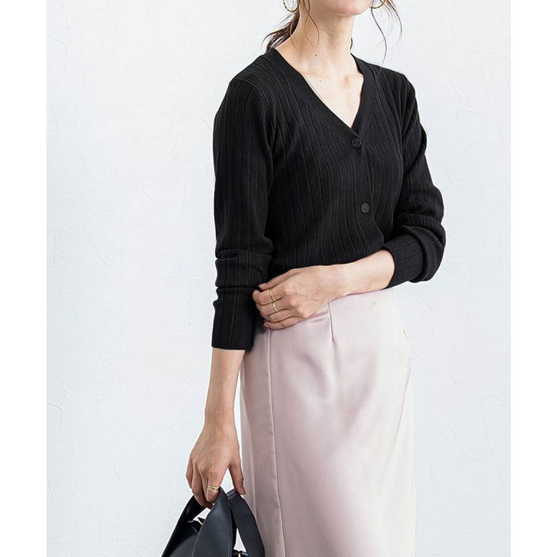 ウォッシャブルリブカーディガン (ブラック) ブラック