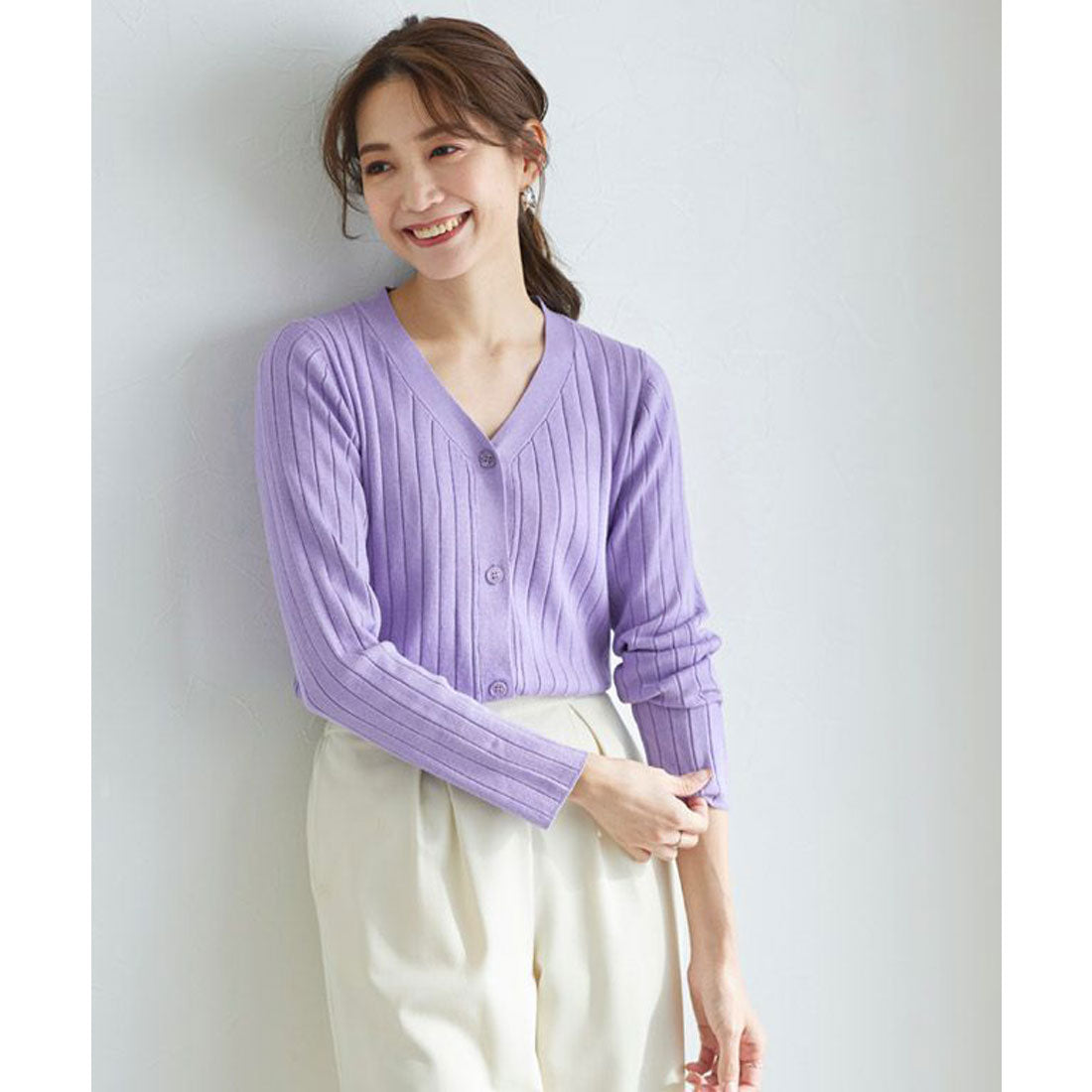 ウォッシャブルリブカーディガン (ラベンダーブルー) ラベンダーブルー