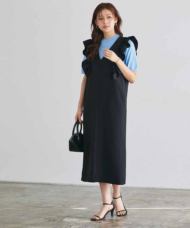 Marvelous by Pierrot Shoulder Frill V-Neck Jumper Skirt