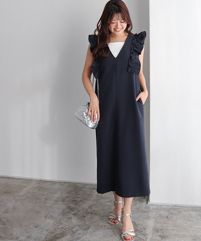 Marvelous by Pierrot Shoulder Frill V-Neck Jumper Skirt