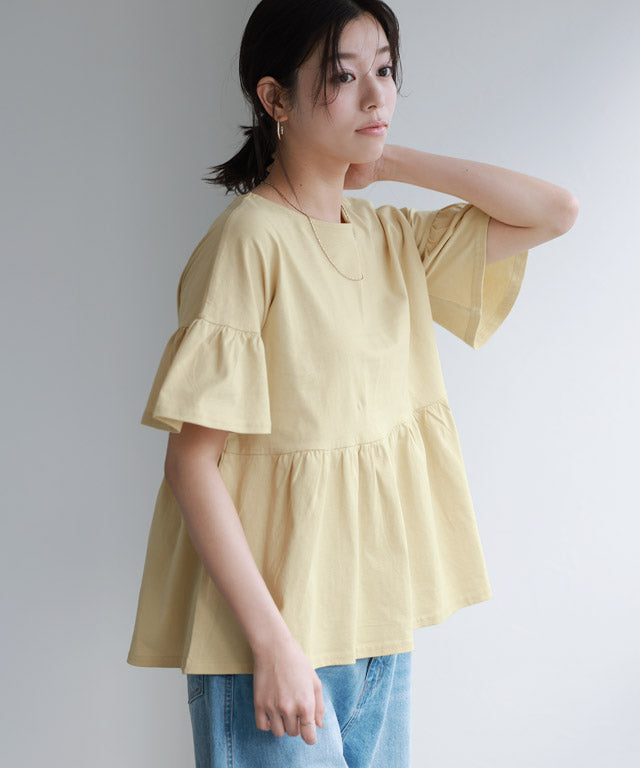 マーベラス バイ ピエロ marvelous by Pierrot 綿100% ギャザーフリルスリーブTシャツ (クリームイエロー) クリームイエロー