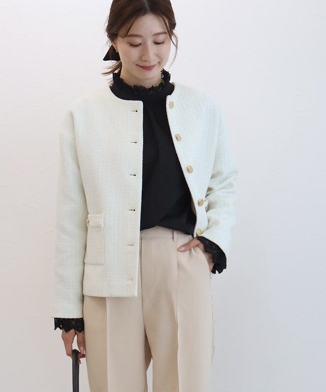 ピエロ Pierrot 襟袖レースブラウス (オフホワイト) オフホワイト