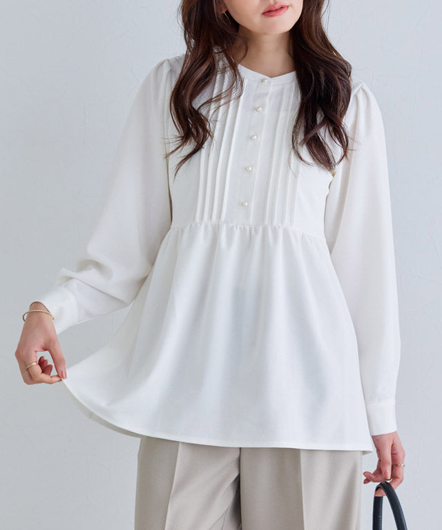 ピエロ Pierrot 【低身長向け】ピンタックパールフレアTブラウス (ライトブルー) ライトブルー