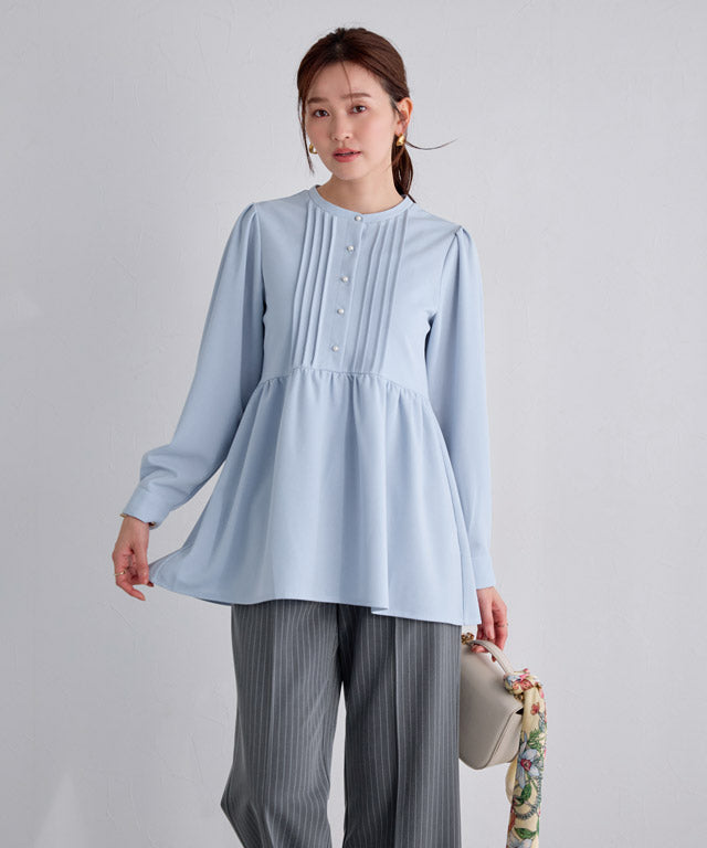 ピエロ Pierrot 【低身長向け】ピンタックパールフレアTブラウス (ライトブルー) ライトブルー