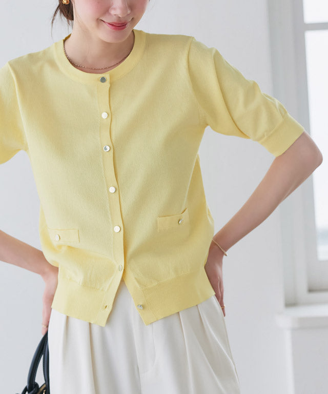 ピエロ Pierrot 【接触冷感/UV/ウォッシャブル】メタルボタンパフスリーブニットカーディガン (イエロー) イエロー