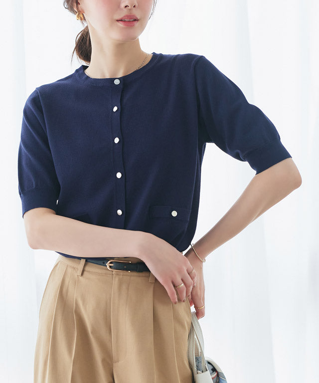 ピエロ Pierrot 【接触冷感/UV/ウォッシャブル】メタルボタンパフスリーブニットカーディガン (ネイビー) ネイビー