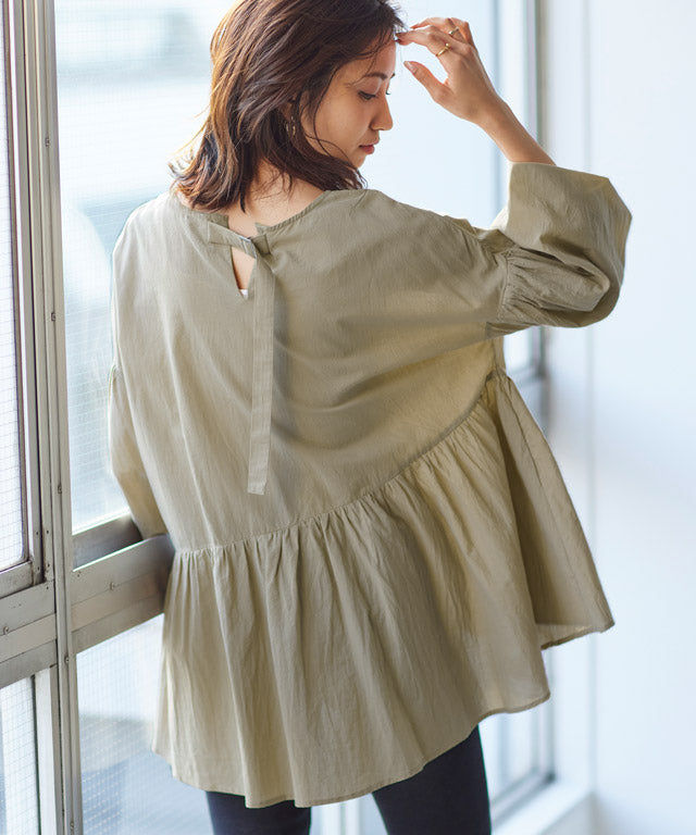 ギャザー切替ボリュームスリーブブラウス