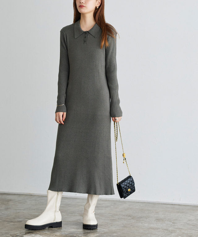 Collared Ribbed Knit Dress