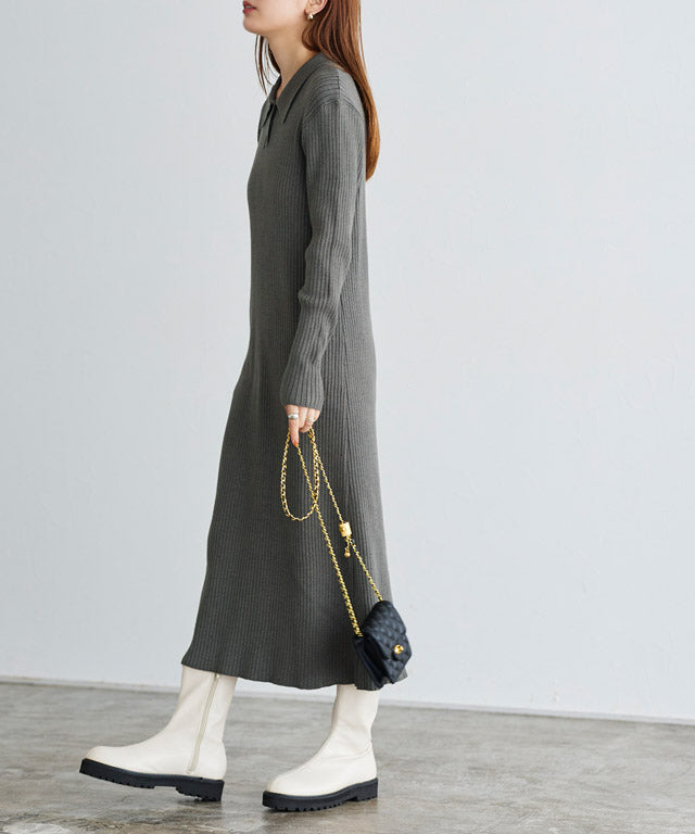 Collared Ribbed Knit Dress
