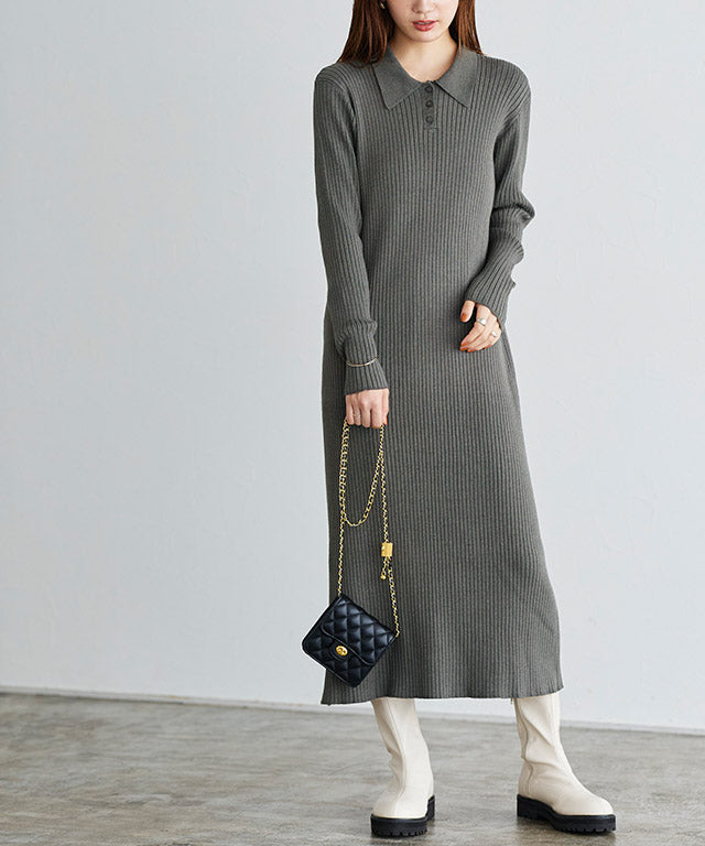 Collared Ribbed Knit Dress