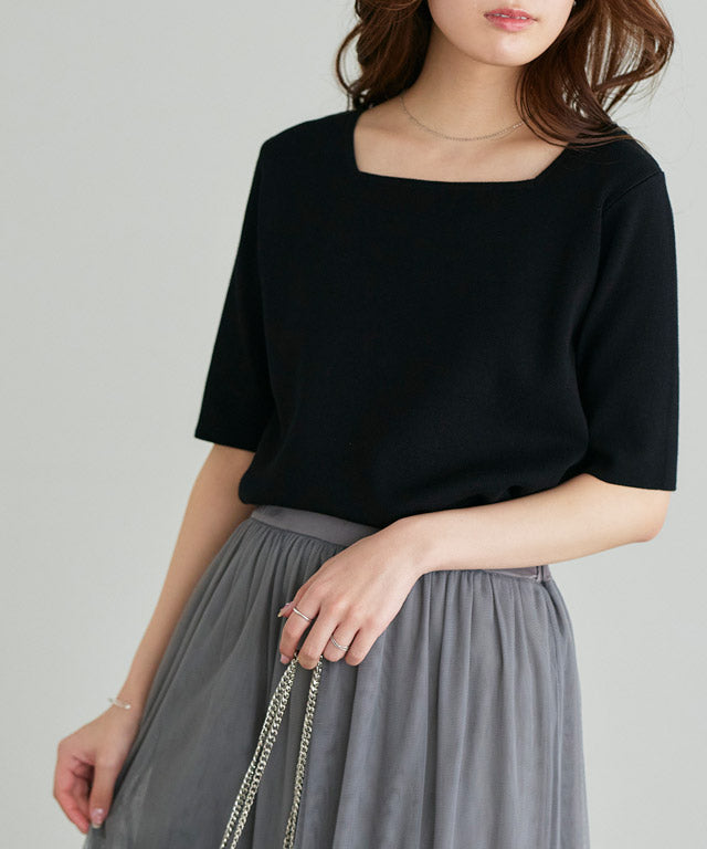 選べるネック多機能ニット5分袖トップス【スクエア】