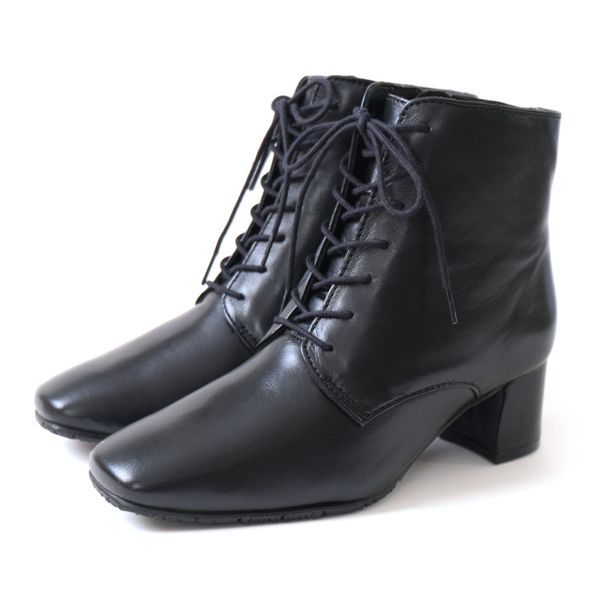 [Genuine Leather] Lace-Up Short Boots Boots Leather 6cm Heel Women's Comfortable to Walk Leather Boots Black PO5753