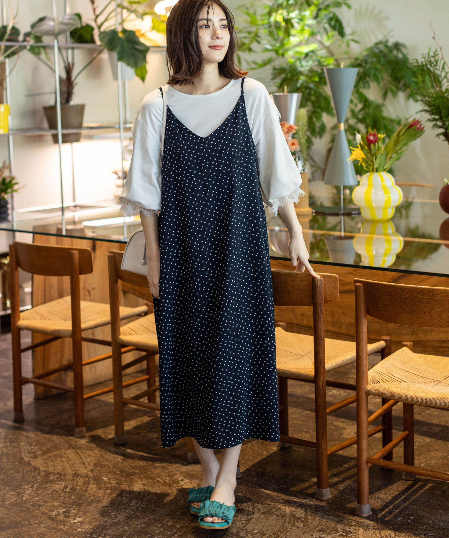 プチ オンフルール Petit Honfleur 【接触冷感】ドットプリントキャミワンピース (ネイビー) ネイビー