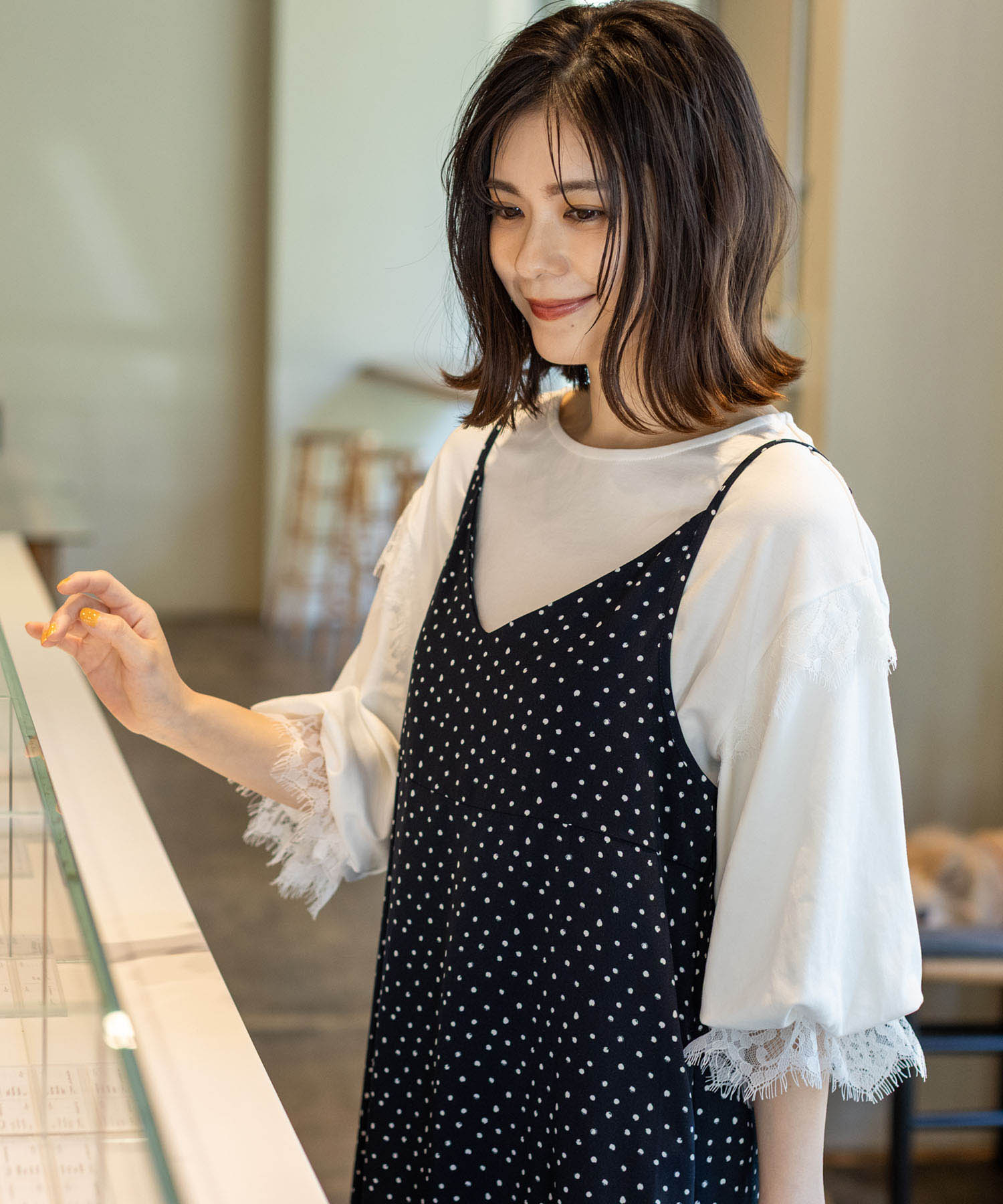 プチ オンフルール Petit Honfleur 【接触冷感】ドットプリントキャミワンピース (ネイビー) ネイビー