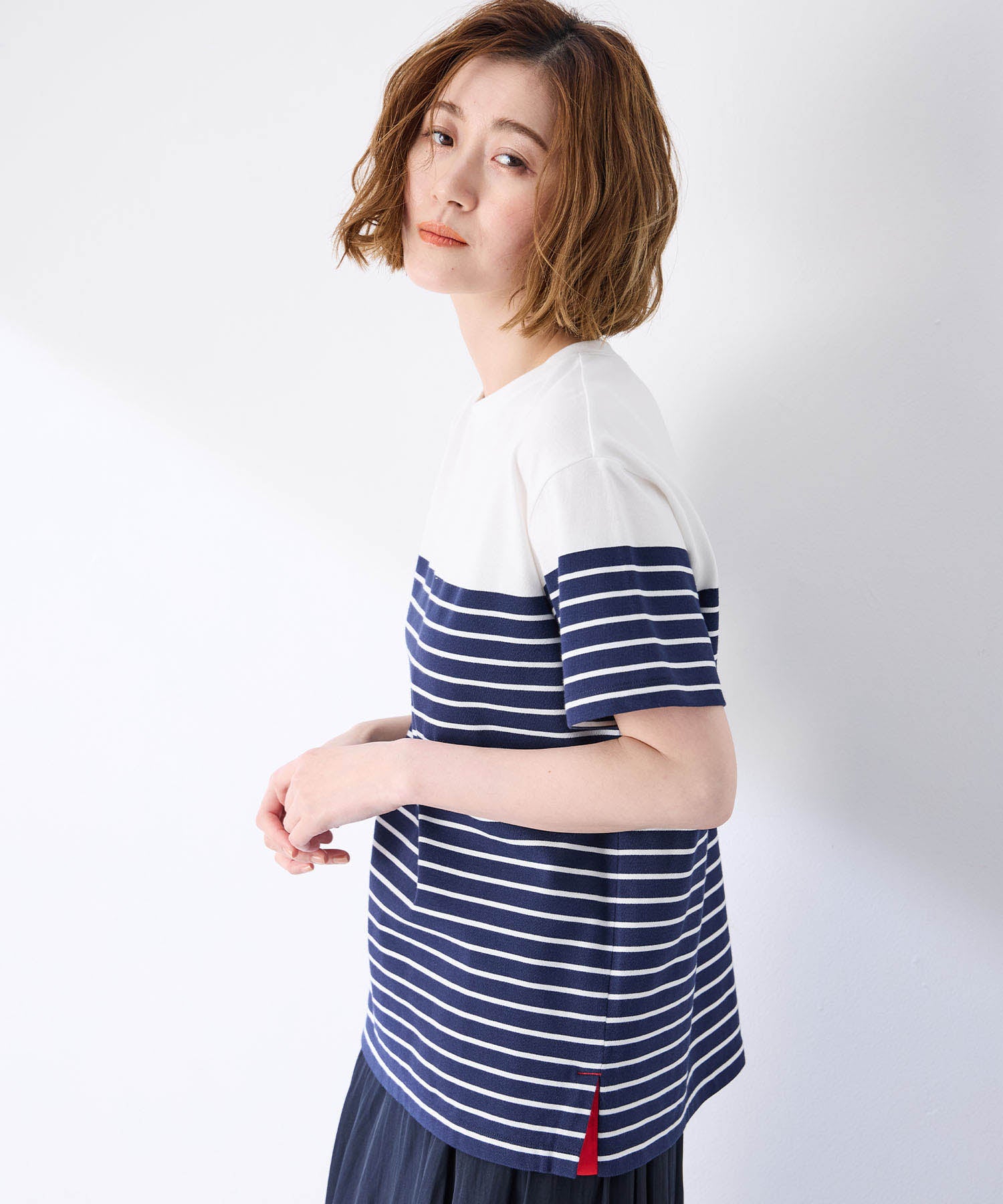 プチ オンフルール Petit Honfleur 【UVカット】【接触冷感】パネルボーダーTシャツ (ピンク) ピンク