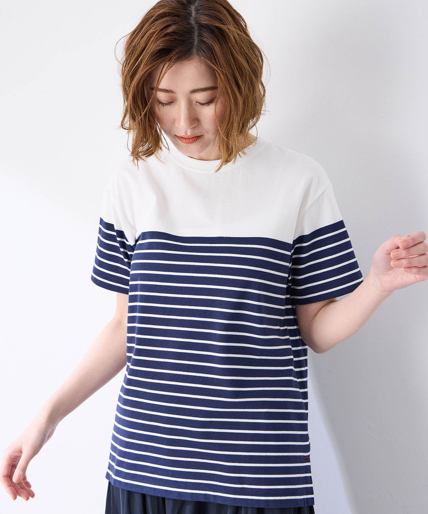 プチ オンフルール Petit Honfleur 【UVカット】【接触冷感】パネルボーダーTシャツ (ピンク) ピンク