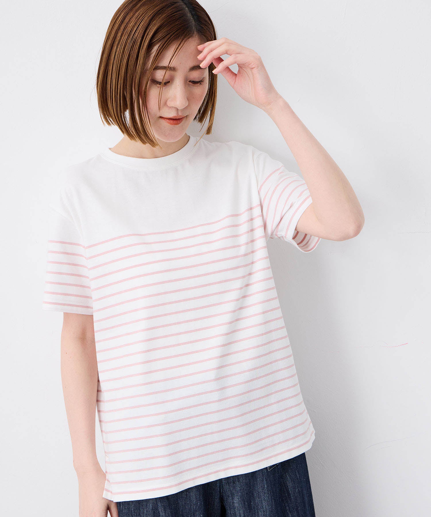 プチ オンフルール Petit Honfleur 【UVカット】【接触冷感】パネルボーダーTシャツ (ピンク) ピンク