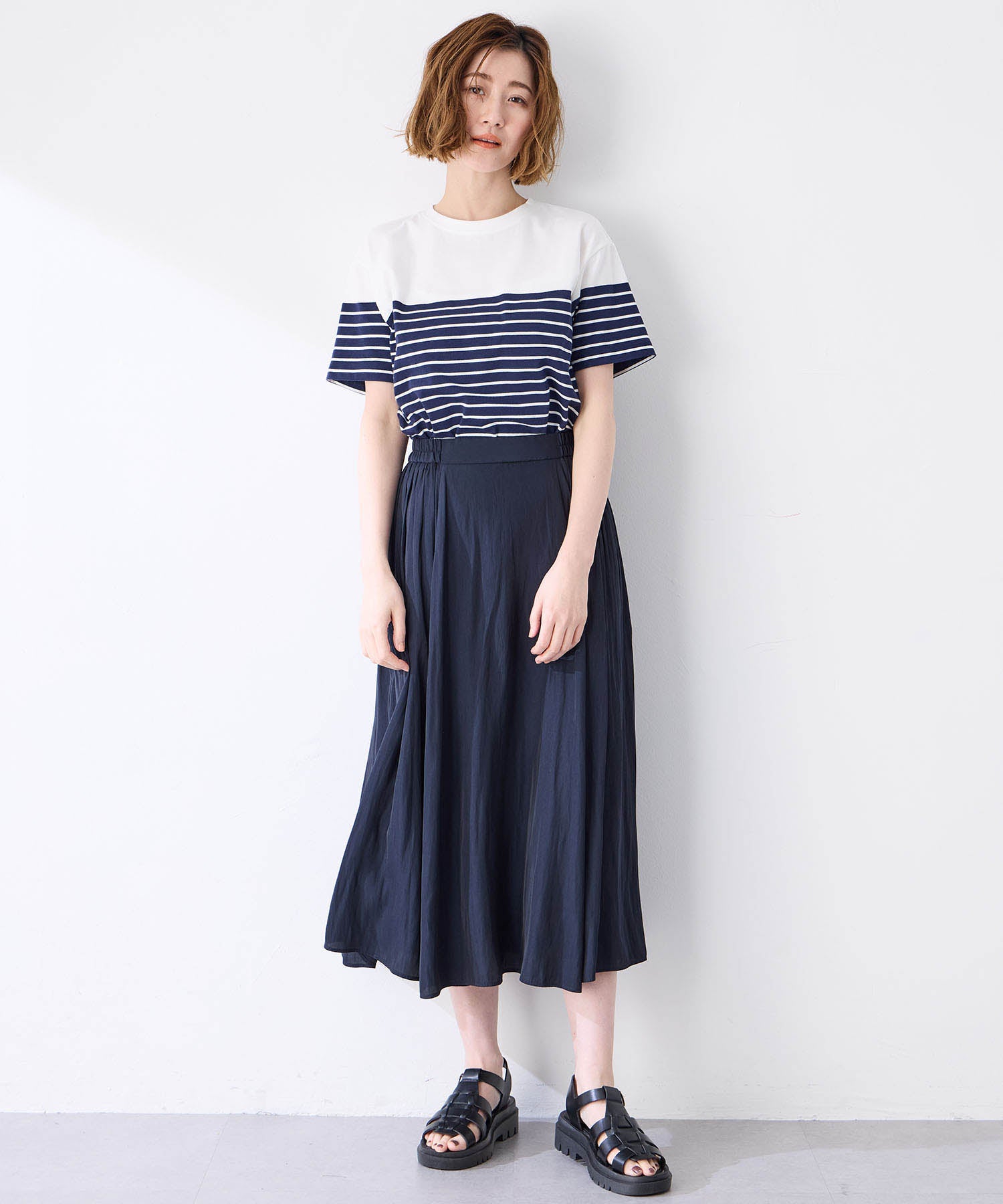 プチ オンフルール Petit Honfleur 【UVカット】【接触冷感】パネルボーダーTシャツ (ピンク) ピンク