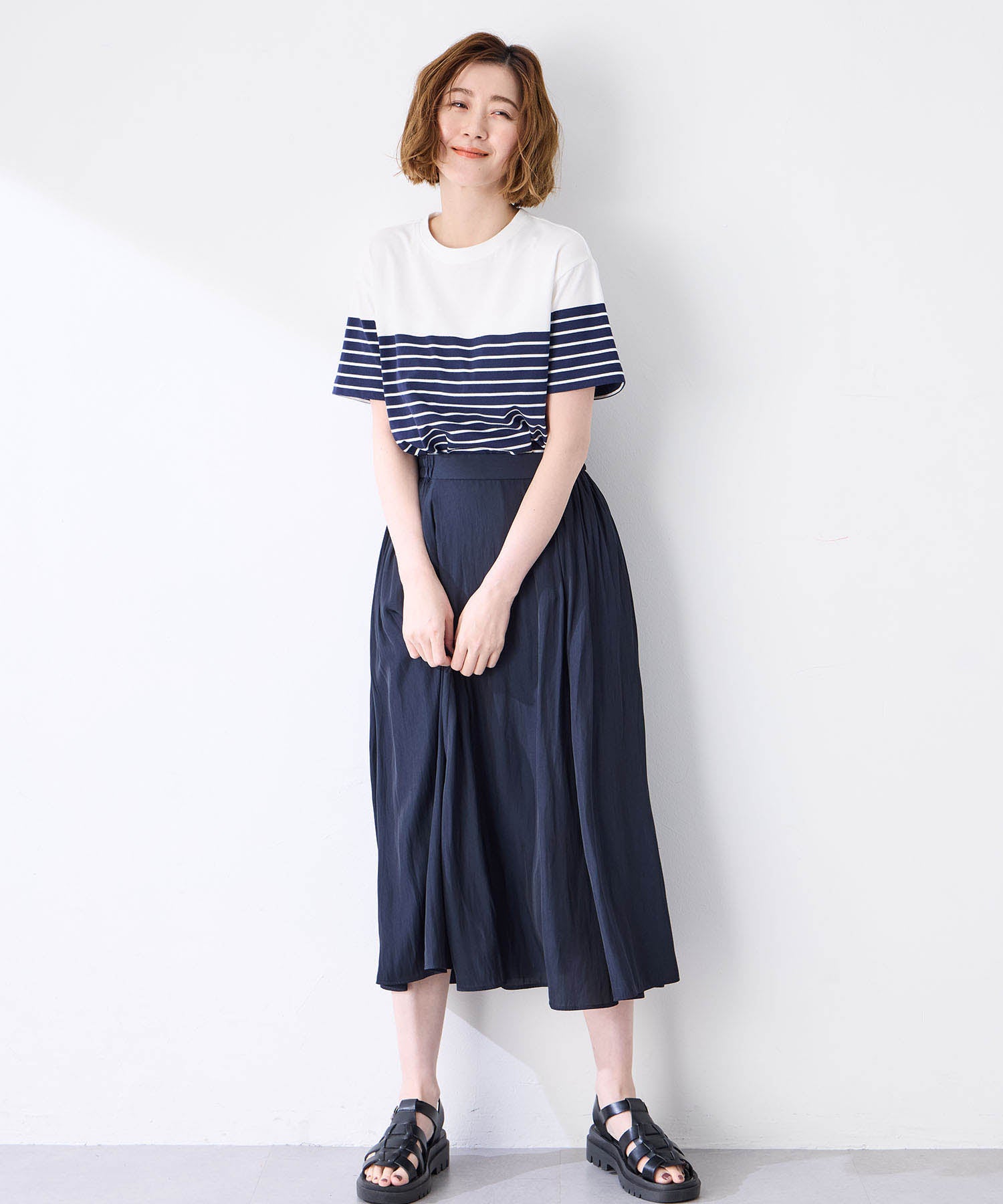 プチ オンフルール Petit Honfleur 【UVカット】【接触冷感】パネルボーダーTシャツ (ピンク) ピンク