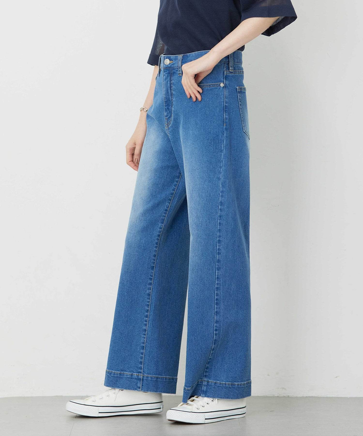 プチ オンフルール Petit Honfleur 【はっ水】ストレッチバギーデニムパンツ (ブルー) ブルー