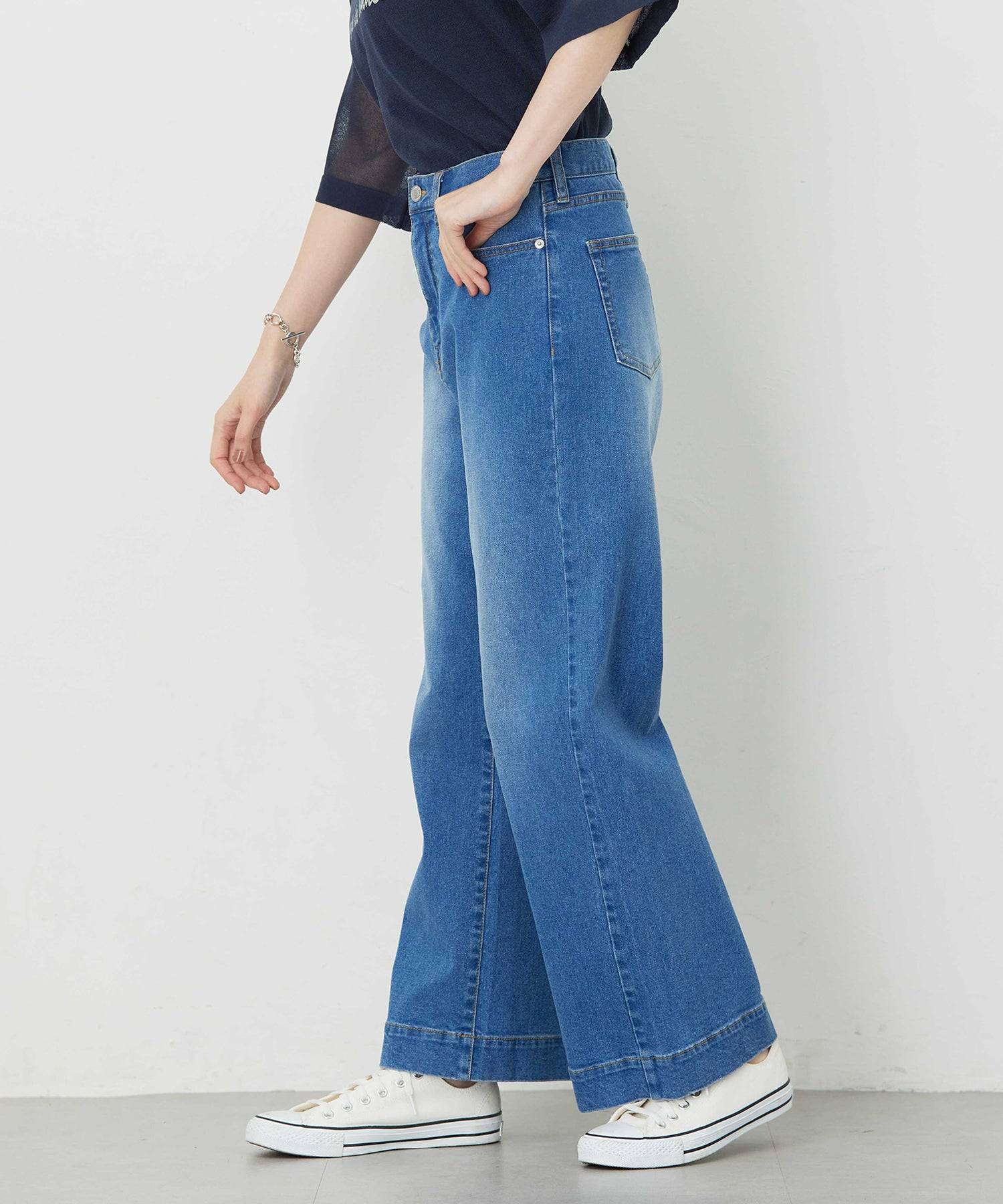 プチ オンフルール Petit Honfleur 【はっ水】ストレッチバギーデニムパンツ (ブルー) ブルー